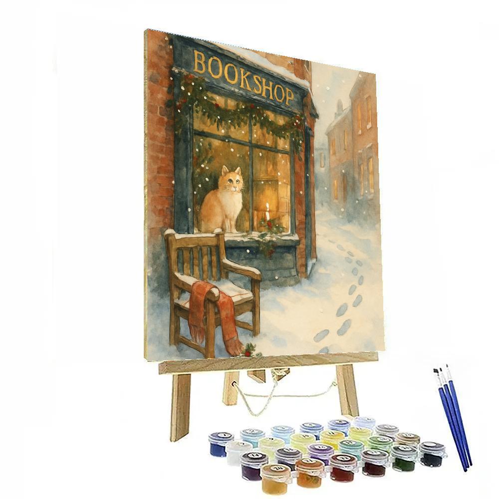 Cozy Bookshop Window In A Snowy Alley Paint by numbers kits