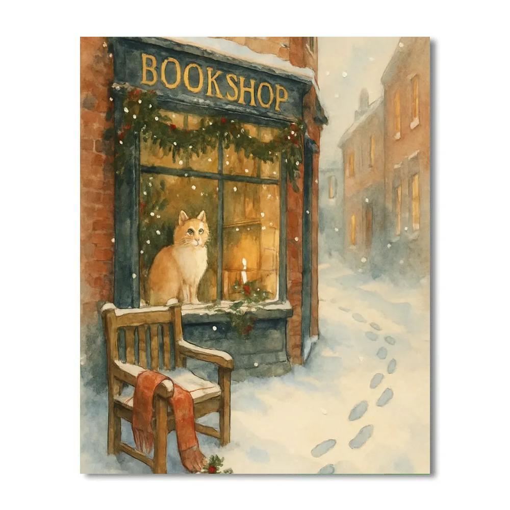 Cozy Bookshop Window In A Snowy Alley Paint by numbers kits