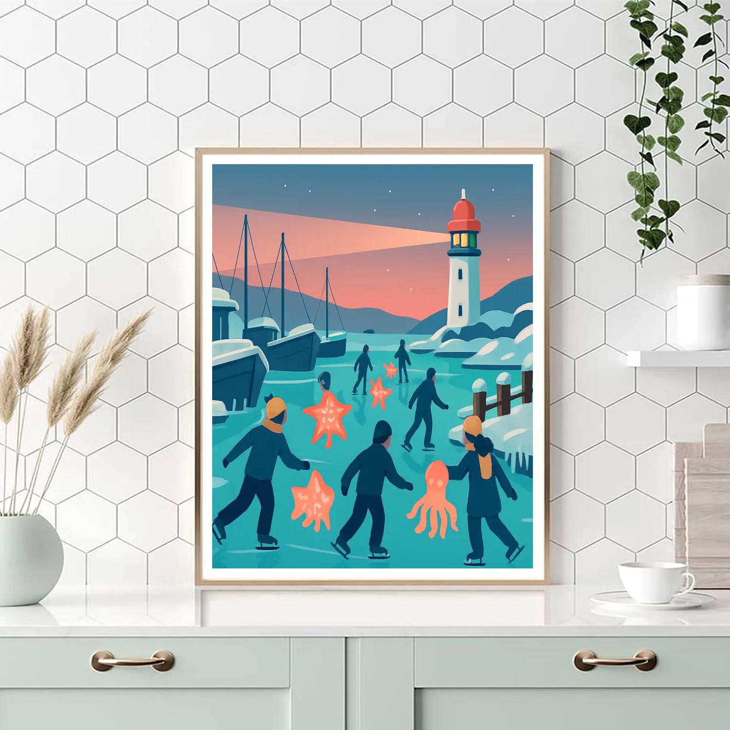 Lantern Procession In Winter Harbor paint by numbers