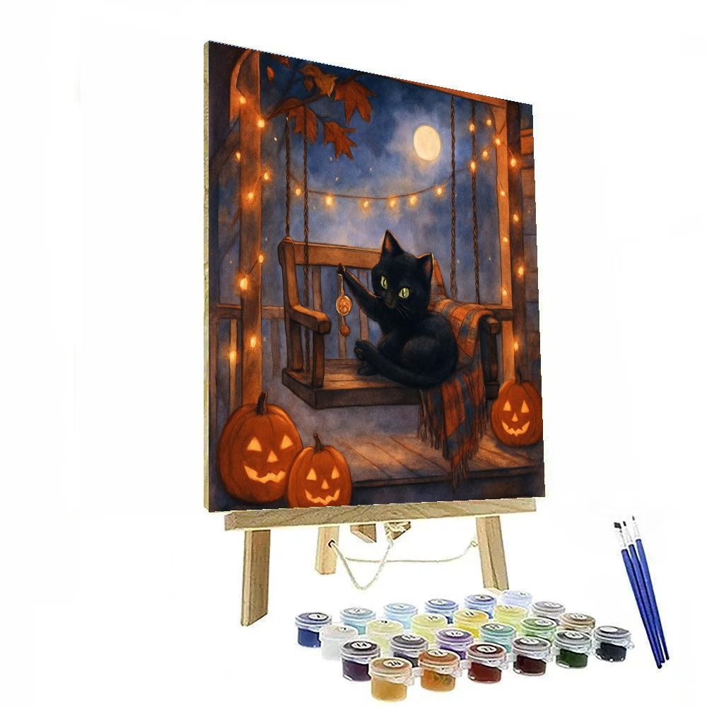 Black Cat Stargazer On A Porch Swing Numbered painting kits