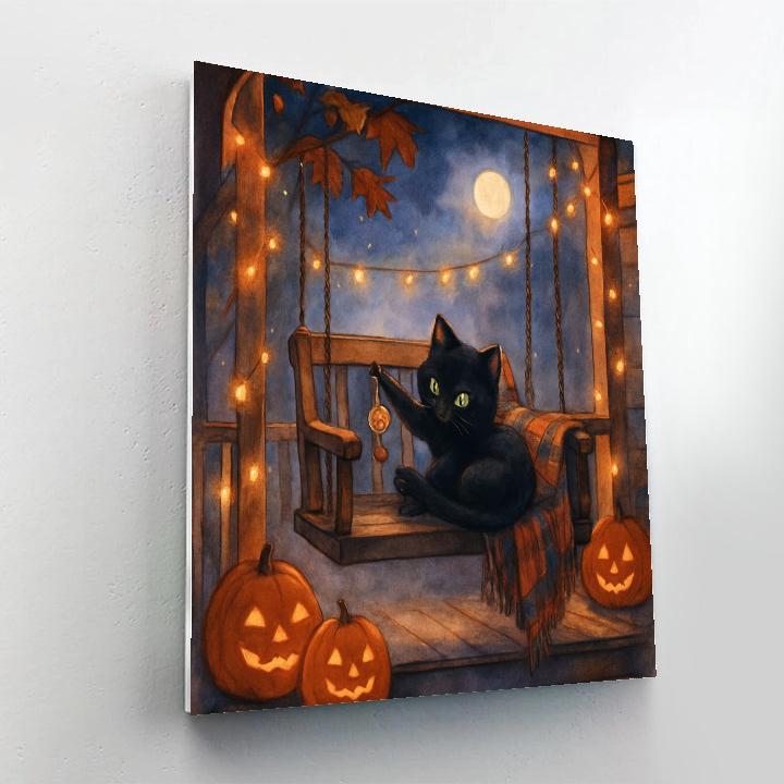 Black Cat Stargazer On A Porch Swing Numbered painting kits