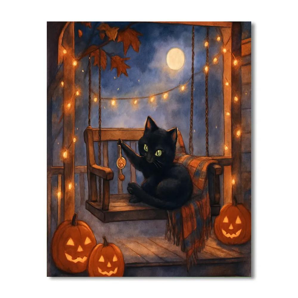 Black Cat Stargazer On A Porch Swing Numbered painting kits