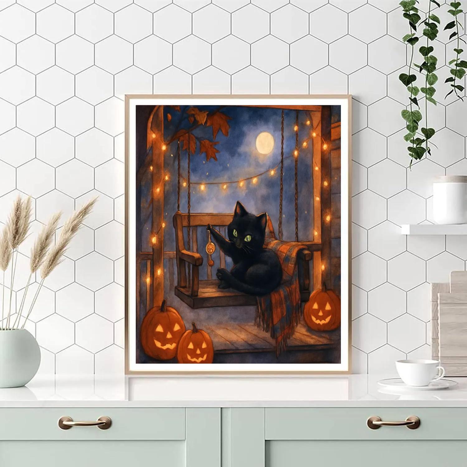 Black Cat Stargazer On A Porch Swing Numbered painting kits