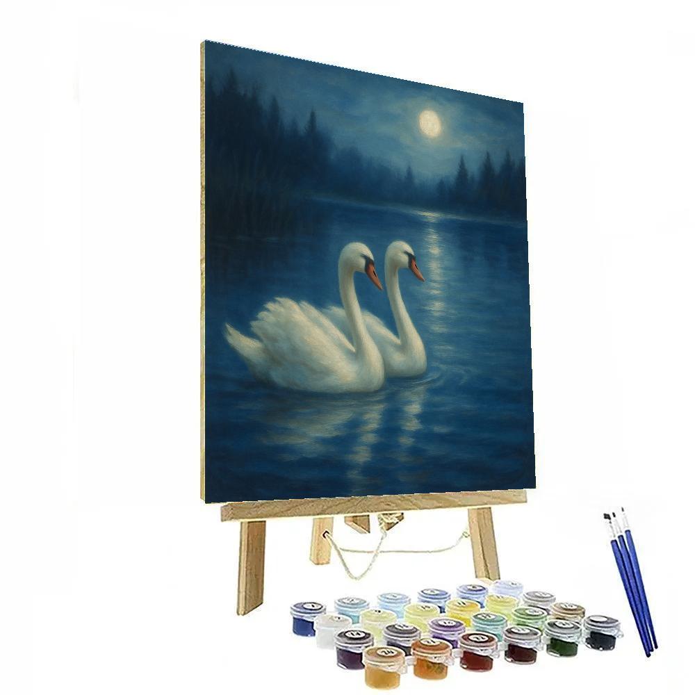 Moonlit Swans On A Still Blue Lagoon painting number kit