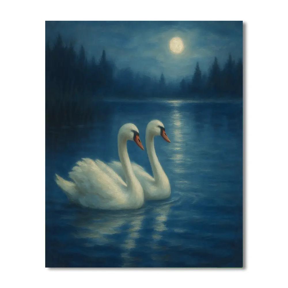 Moonlit Swans On A Still Blue Lagoon painting number kit