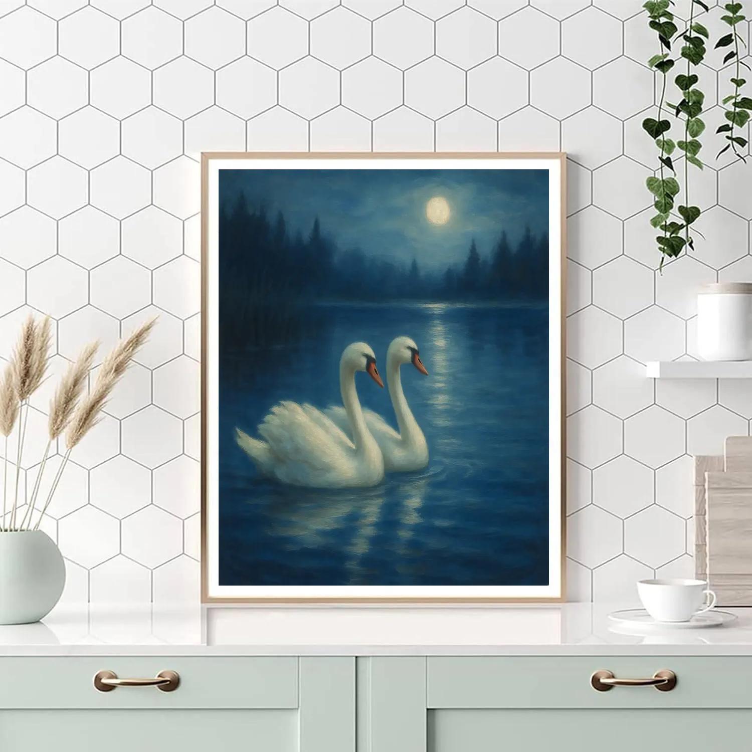 Moonlit Swans On A Still Blue Lagoon painting number kit