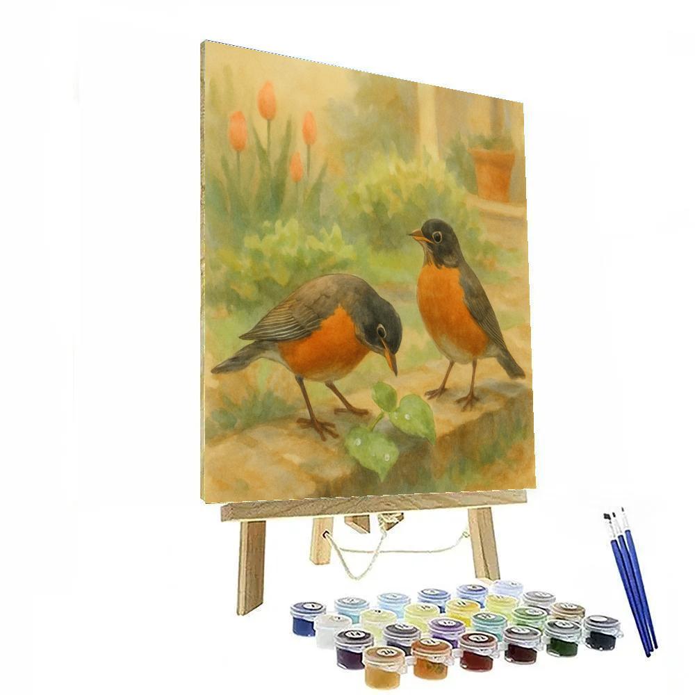 Spring Porch Garden Robins And Rain Pearl Leaves Painting by numbers kit