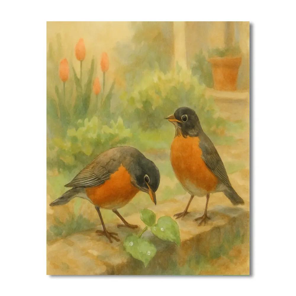 Spring Porch Garden Robins And Rain Pearl Leaves Painting by numbers kit