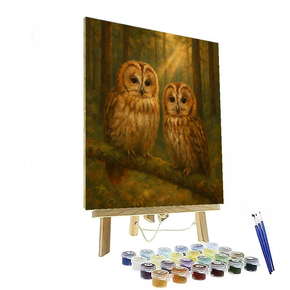 Forest Clearing Owls Beneath Sunbeam Pines Painting by numbers kit