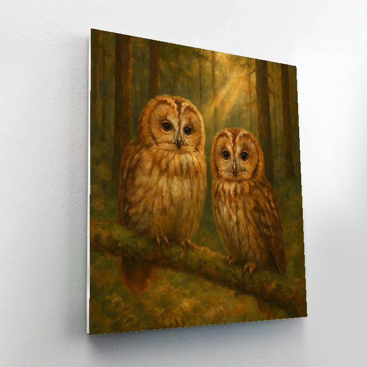 Forest Clearing Owls Beneath Sunbeam Pines Painting by numbers kit