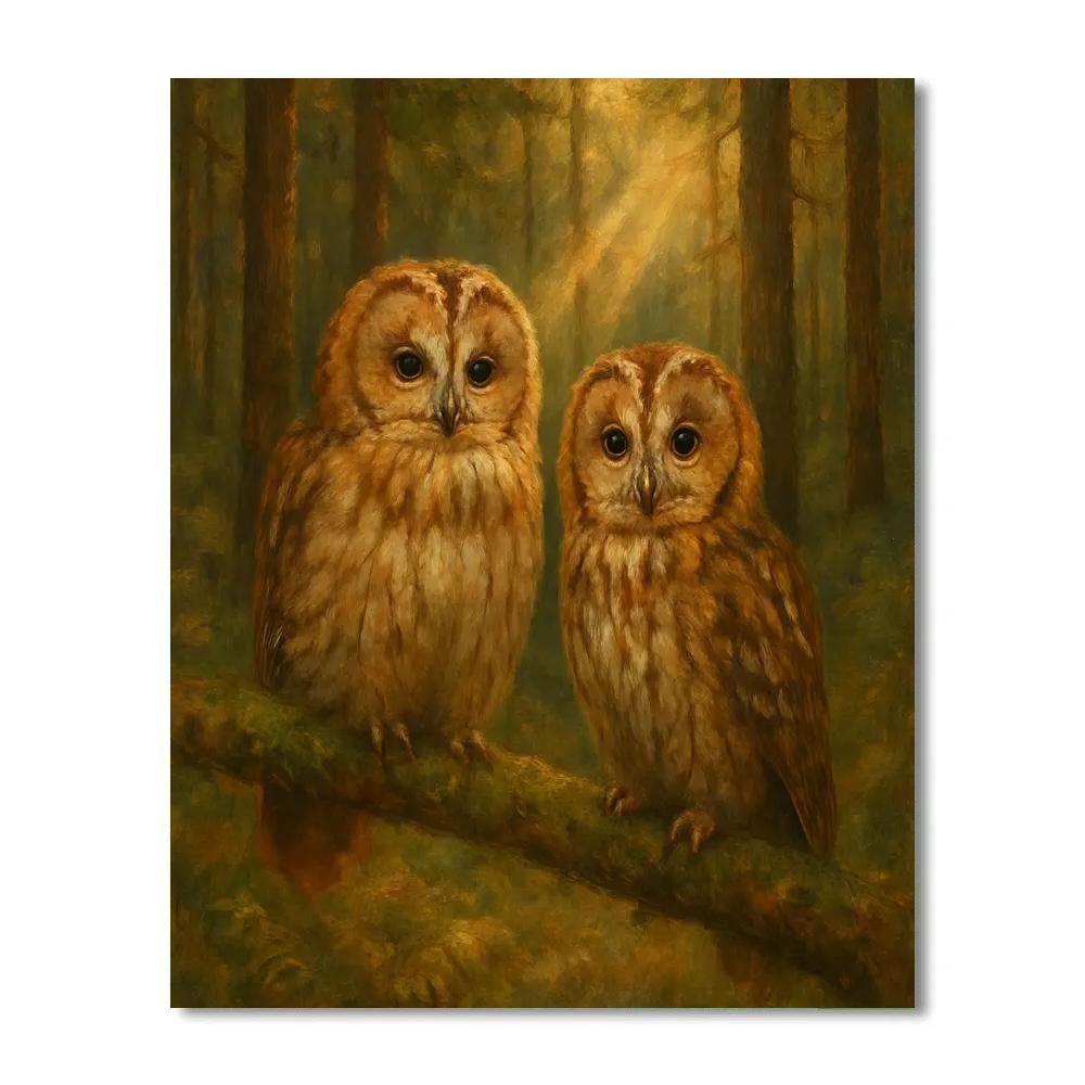 Forest Clearing Owls Beneath Sunbeam Pines Painting by numbers kit