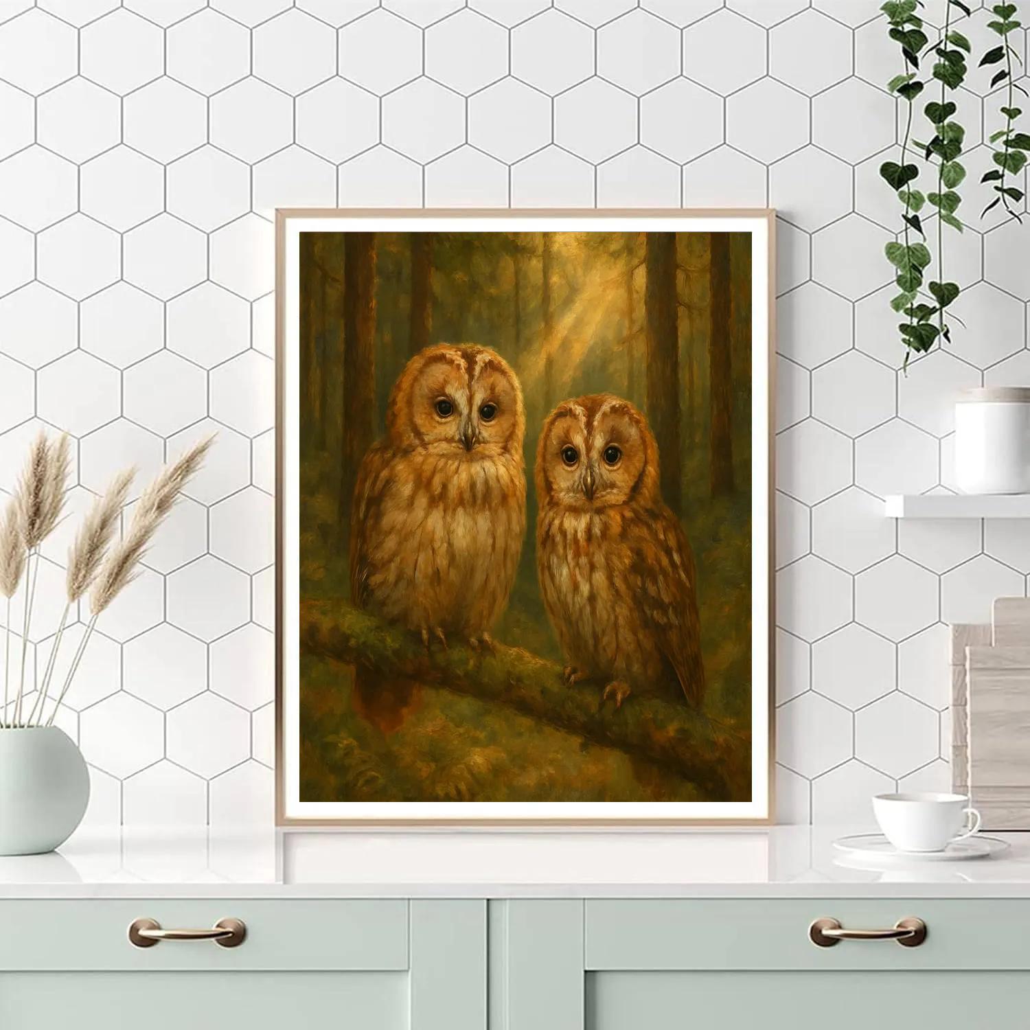 Forest Clearing Owls Beneath Sunbeam Pines Painting by numbers kit