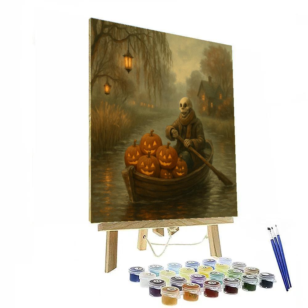 Riverboat Of Pumpkins On A Foggy Canal paint by number