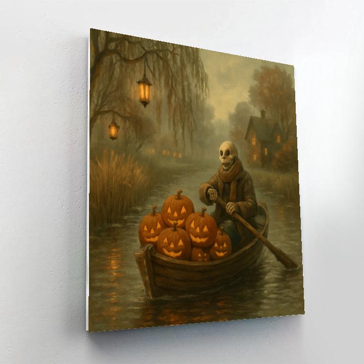 Riverboat Of Pumpkins On A Foggy Canal paint by number