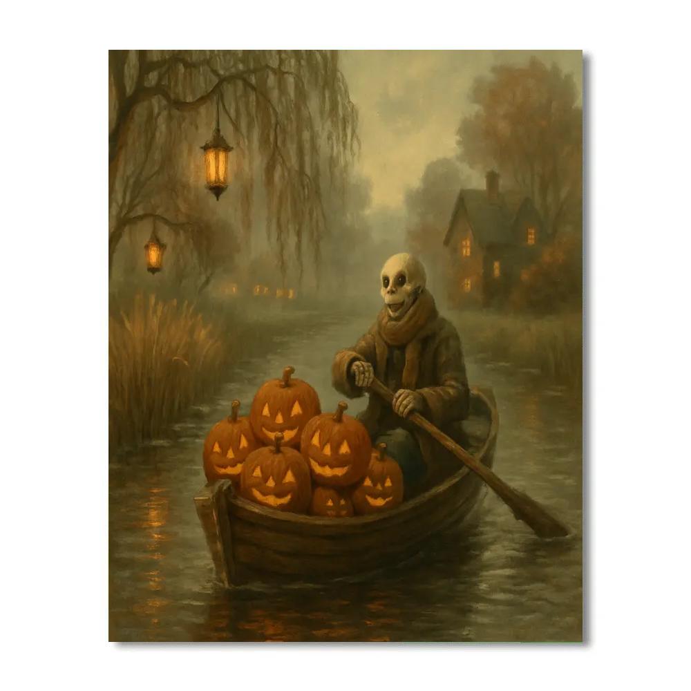 Riverboat Of Pumpkins On A Foggy Canal paint by number