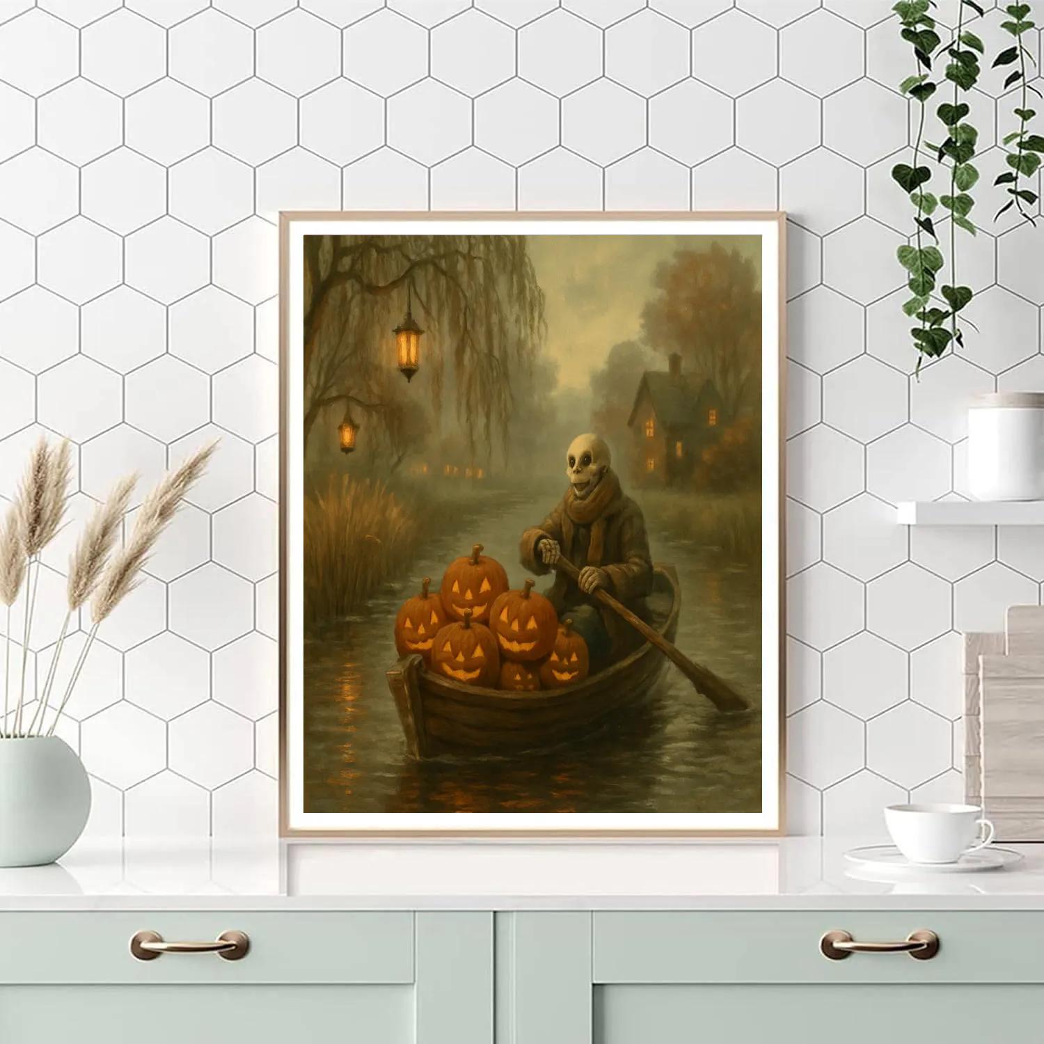 Riverboat Of Pumpkins On A Foggy Canal paint by number