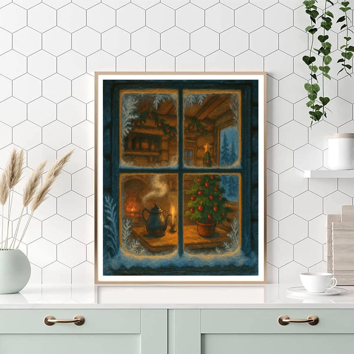 Warm Cabin Kitchen With Frosted Window Glow painting number kit