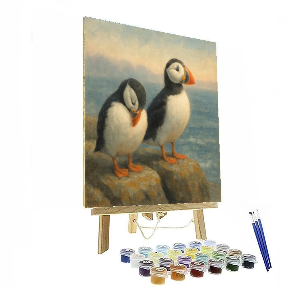Harbor Mist Puffins On Coastal Rocks paint by color