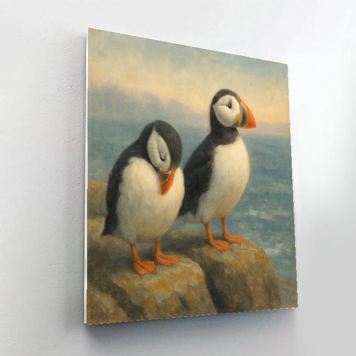 Harbor Mist Puffins On Coastal Rocks paint by color