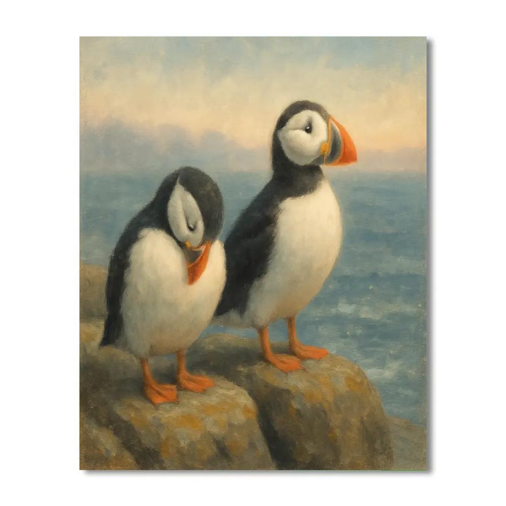 Harbor Mist Puffins On Coastal Rocks paint by color