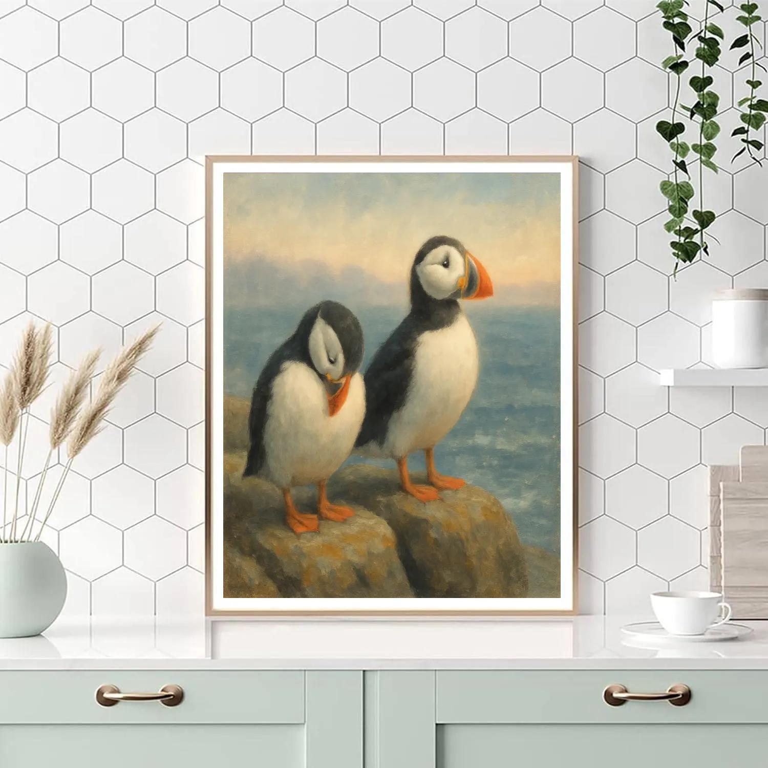 Harbor Mist Puffins On Coastal Rocks paint by color