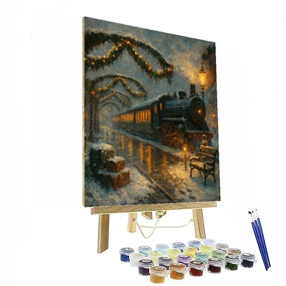 Snowy Train Station Under Garland Arches Paint by numbers kits