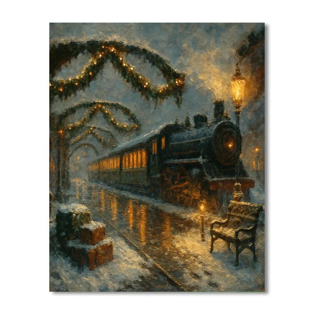 Snowy Train Station Under Garland Arches Paint by numbers kits