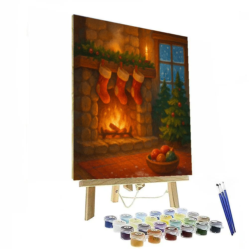 Golden Fireplace Night With Stockings And Snow Outside Paint by numbers art