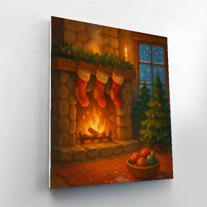 Golden Fireplace Night With Stockings And Snow Outside Paint by numbers art