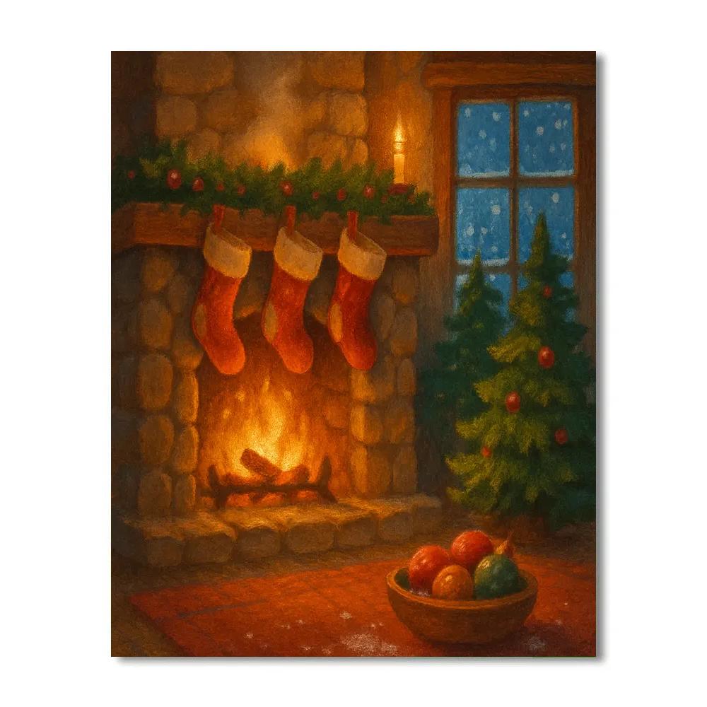 Golden Fireplace Night With Stockings And Snow Outside Paint by numbers art