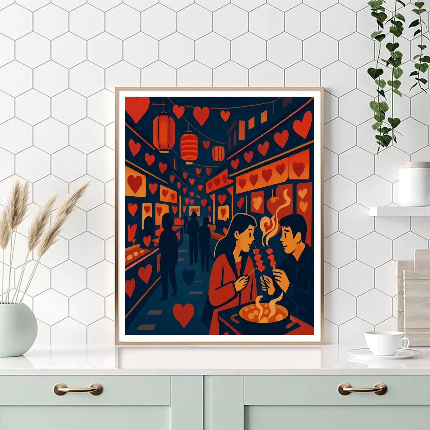 Valentines Day Street Food Night Market painting number kit