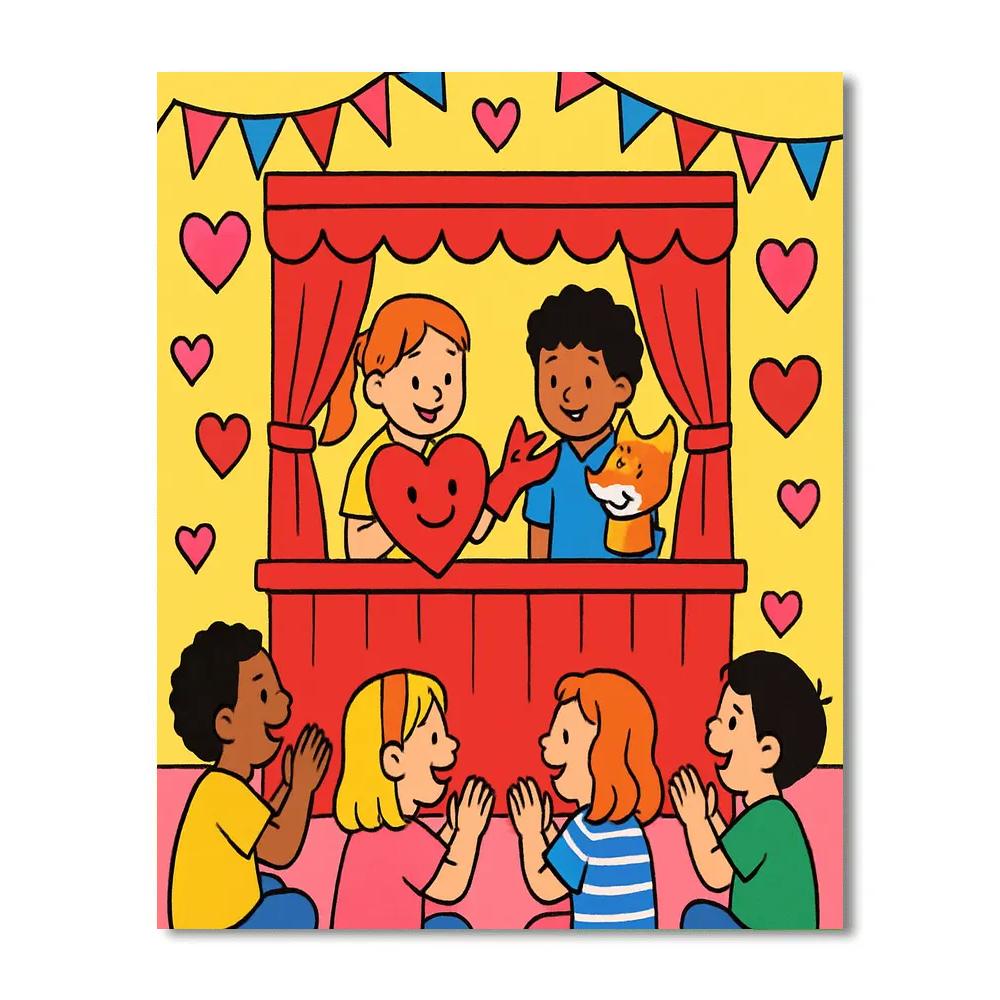 Kids Puppet Show On Valentines Day Stage paint by color