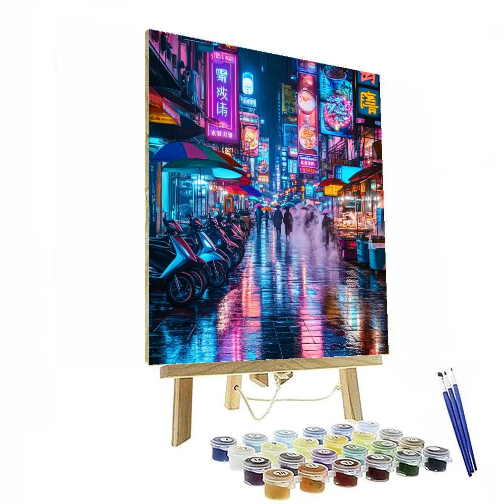 Neon Rain Night Market Street Scene In Ximending Taipei Taiwan paint by color