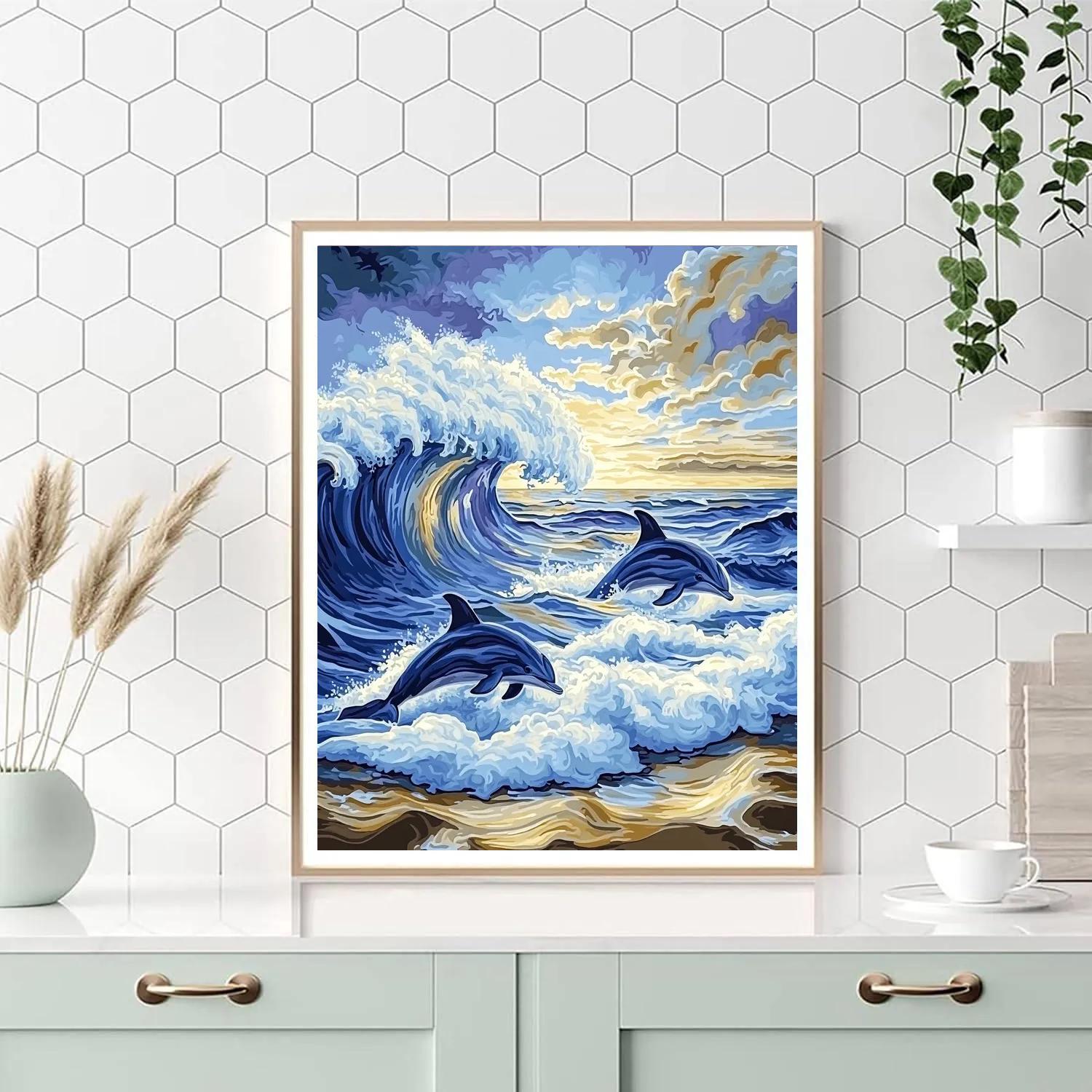 Hokusai Inspired Stormy Ocean With Dolphins Painting by numbers kit