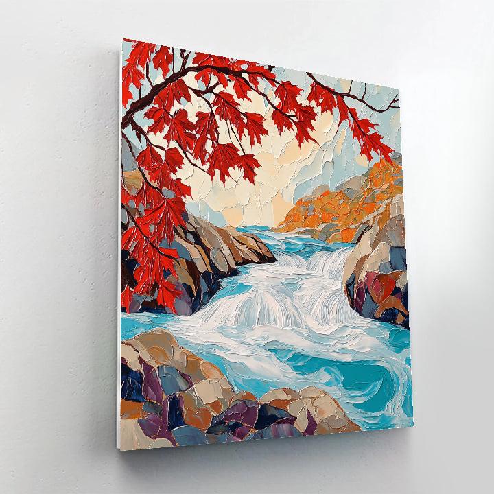 A.Y. Jackson Inspired Spring Breakup Rapids Through Red Maple Veil paint by number
