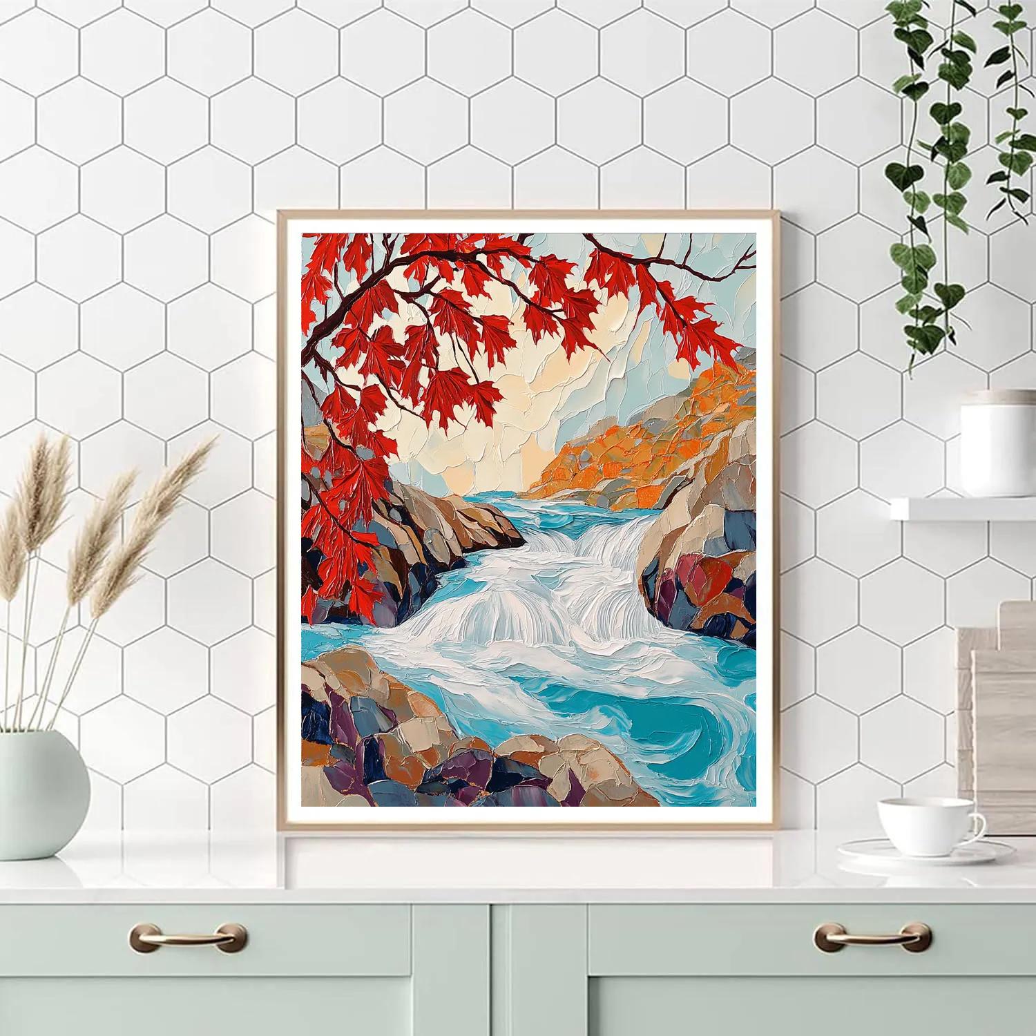 A.Y. Jackson Inspired Spring Breakup Rapids Through Red Maple Veil paint by number
