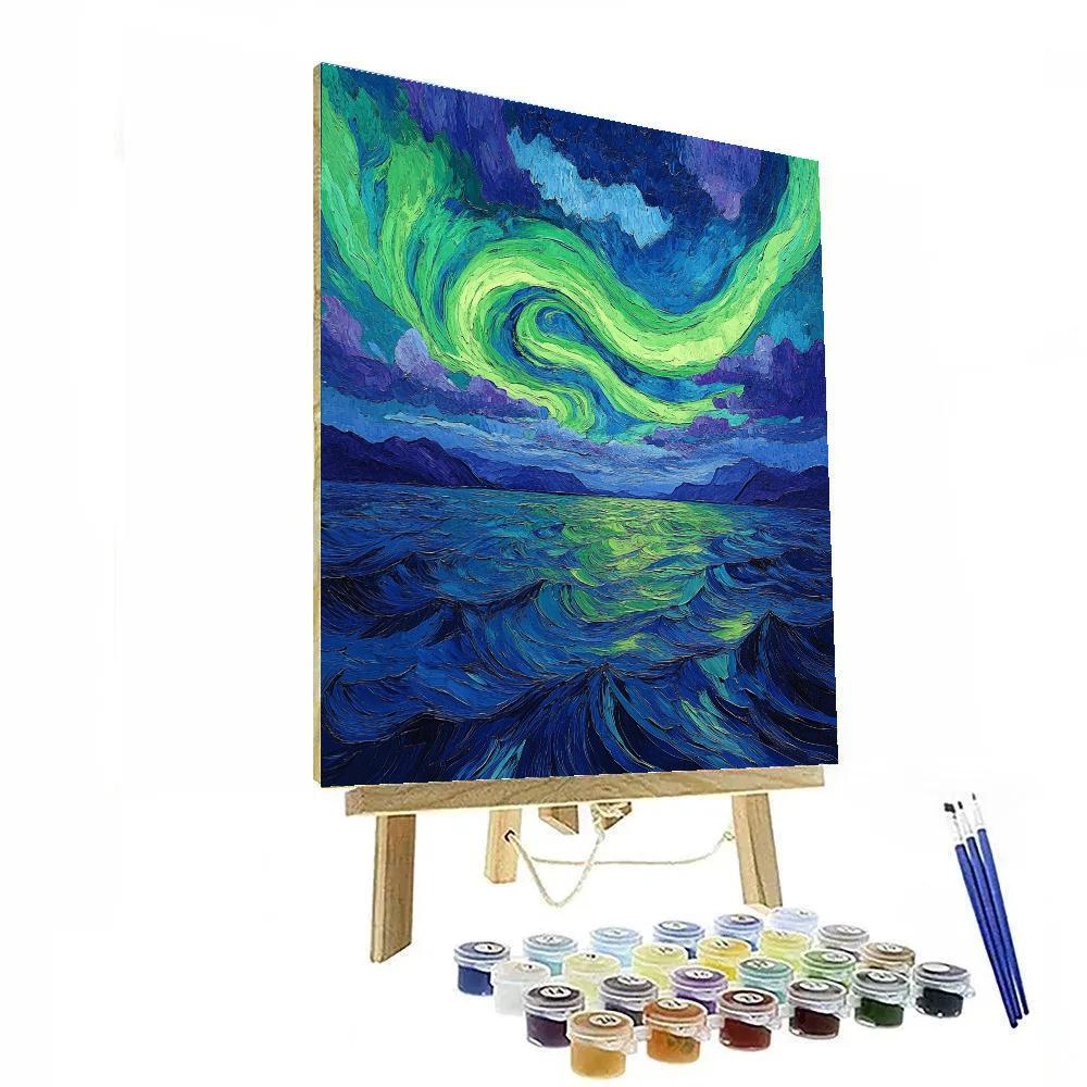 Edvard Munch Inspired Tectonic Aurora Over Silent Fjord paint by number