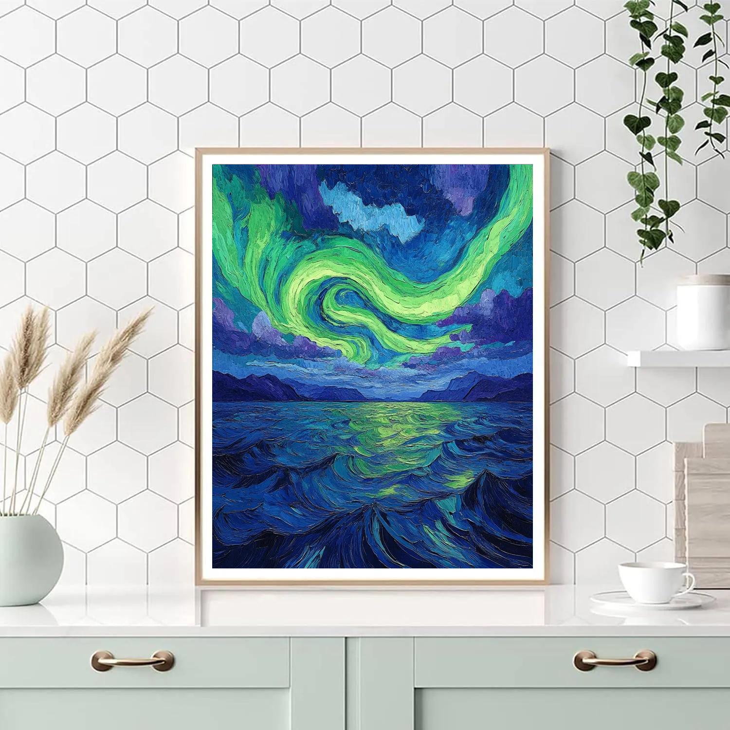Edvard Munch Inspired Tectonic Aurora Over Silent Fjord paint by number