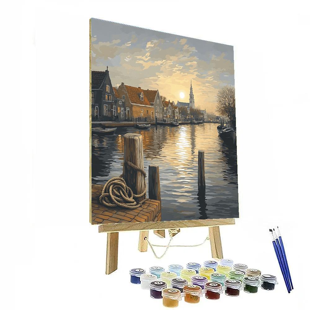 Johannes Vermeer Inspired Delft Canal Moon Reflection With Quiet Quay paint by number