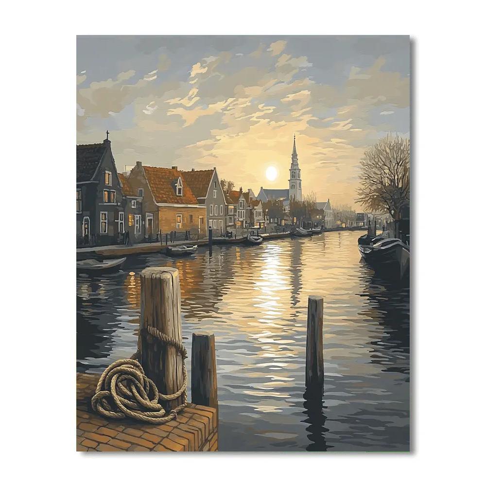 Johannes Vermeer Inspired Delft Canal Moon Reflection With Quiet Quay paint by number