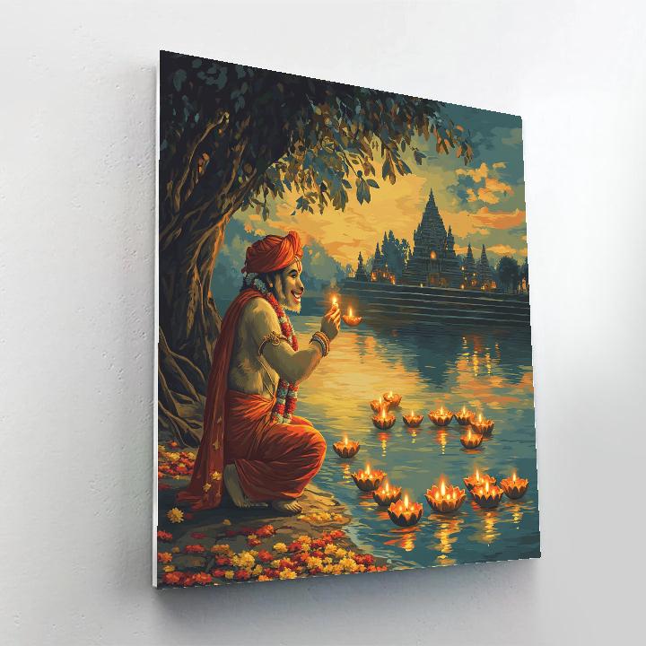 Riverbank Lanterns With Hanuman Blessing Number painting