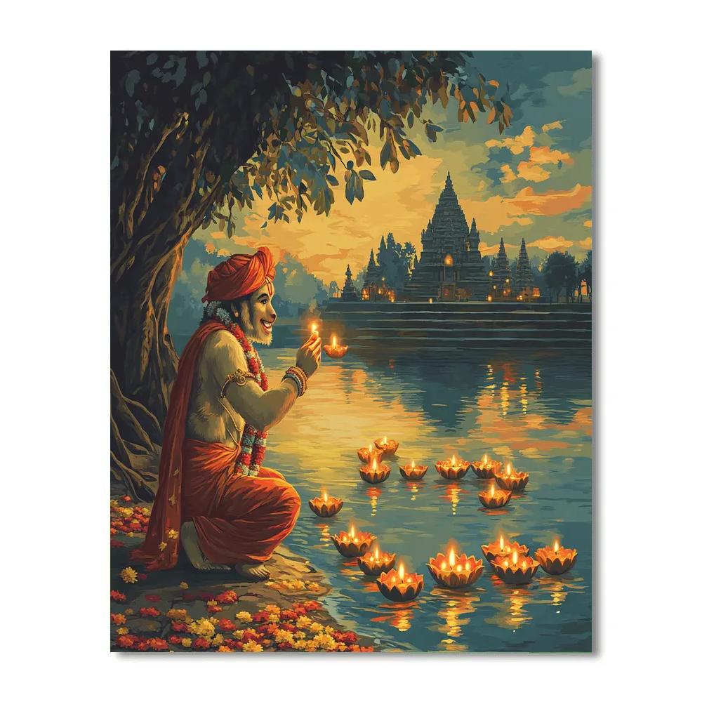 Riverbank Lanterns With Hanuman Blessing Number painting