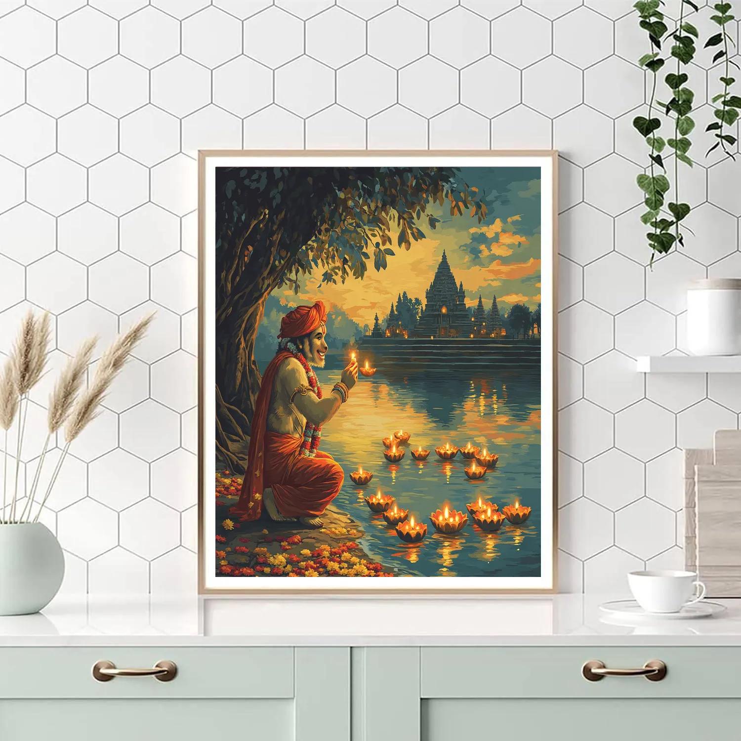 Riverbank Lanterns With Hanuman Blessing Number painting