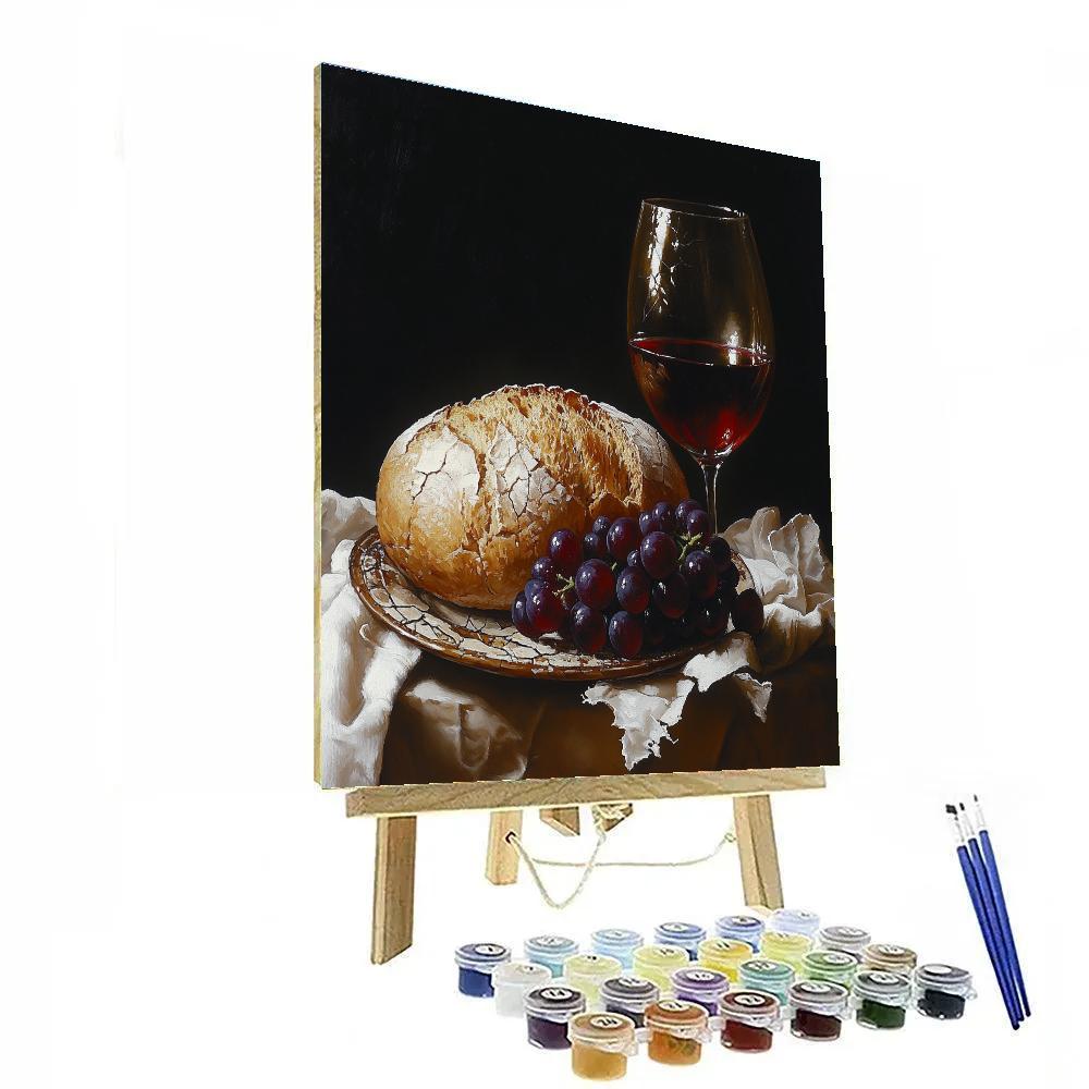 Caravaggio Inspired Still Life With Bread Wine And Grapes paint by color