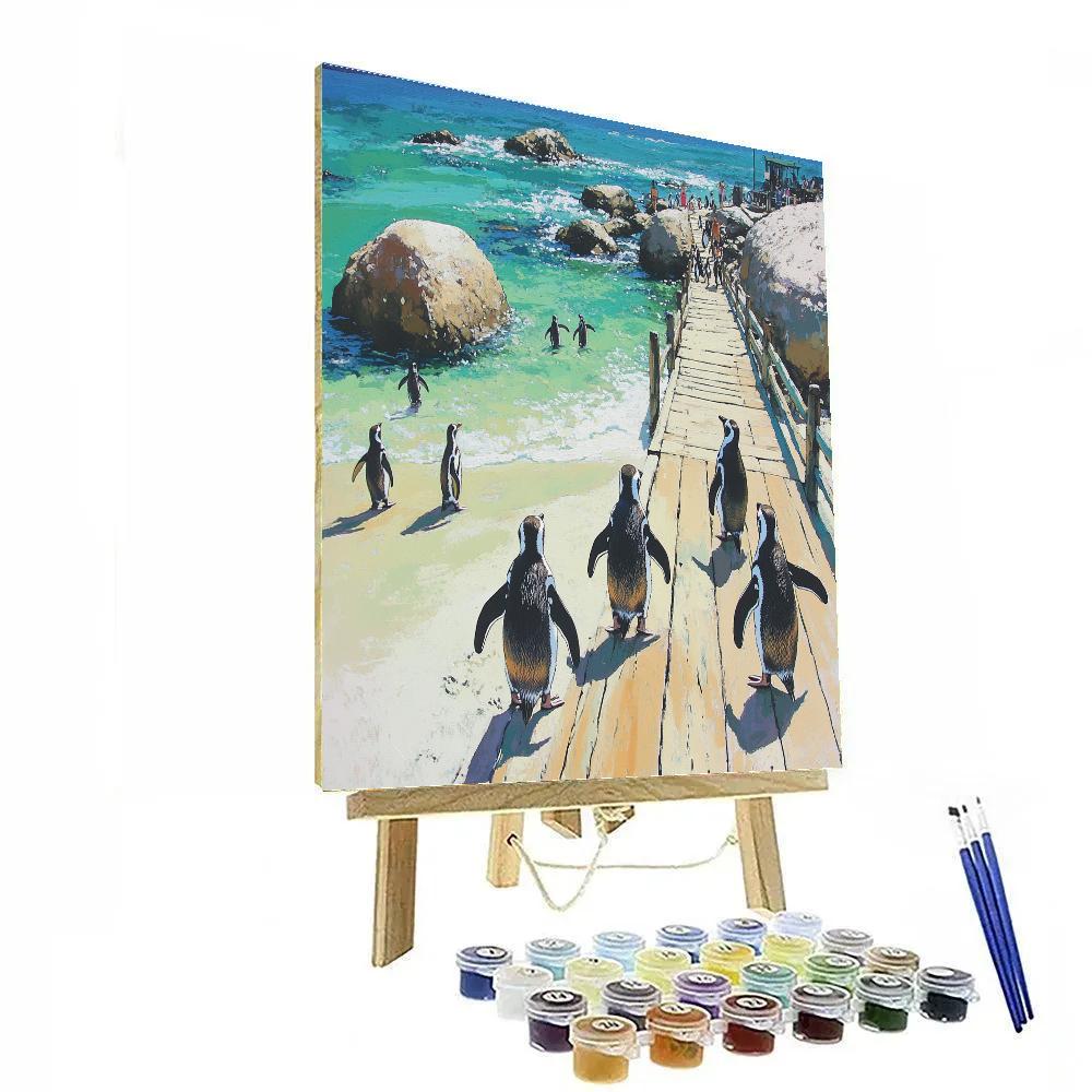 Coastal Boardwalk And Penguins At Boulders Beach Near Cape Town South Africa paint by color