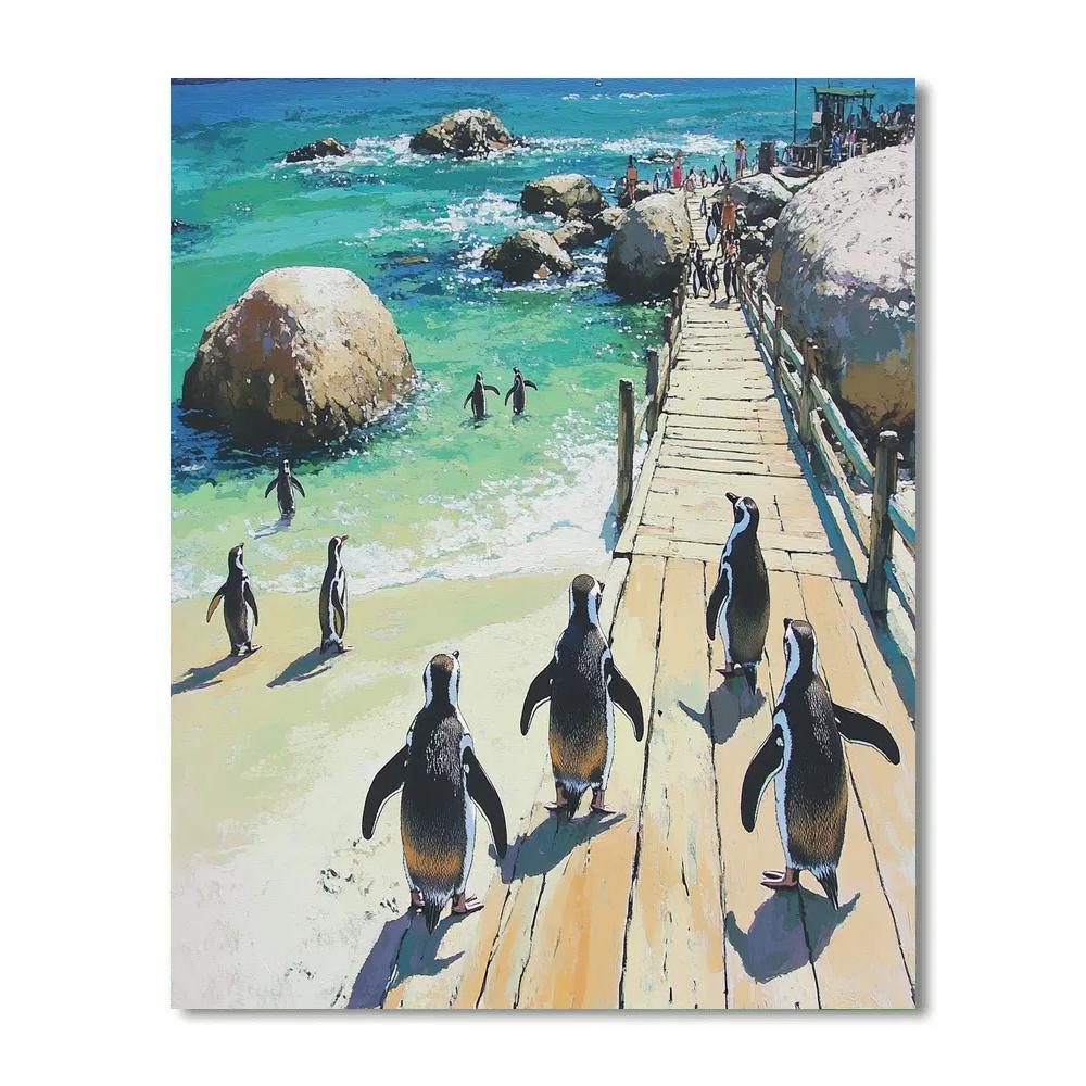 Coastal Boardwalk And Penguins At Boulders Beach Near Cape Town South Africa paint by color