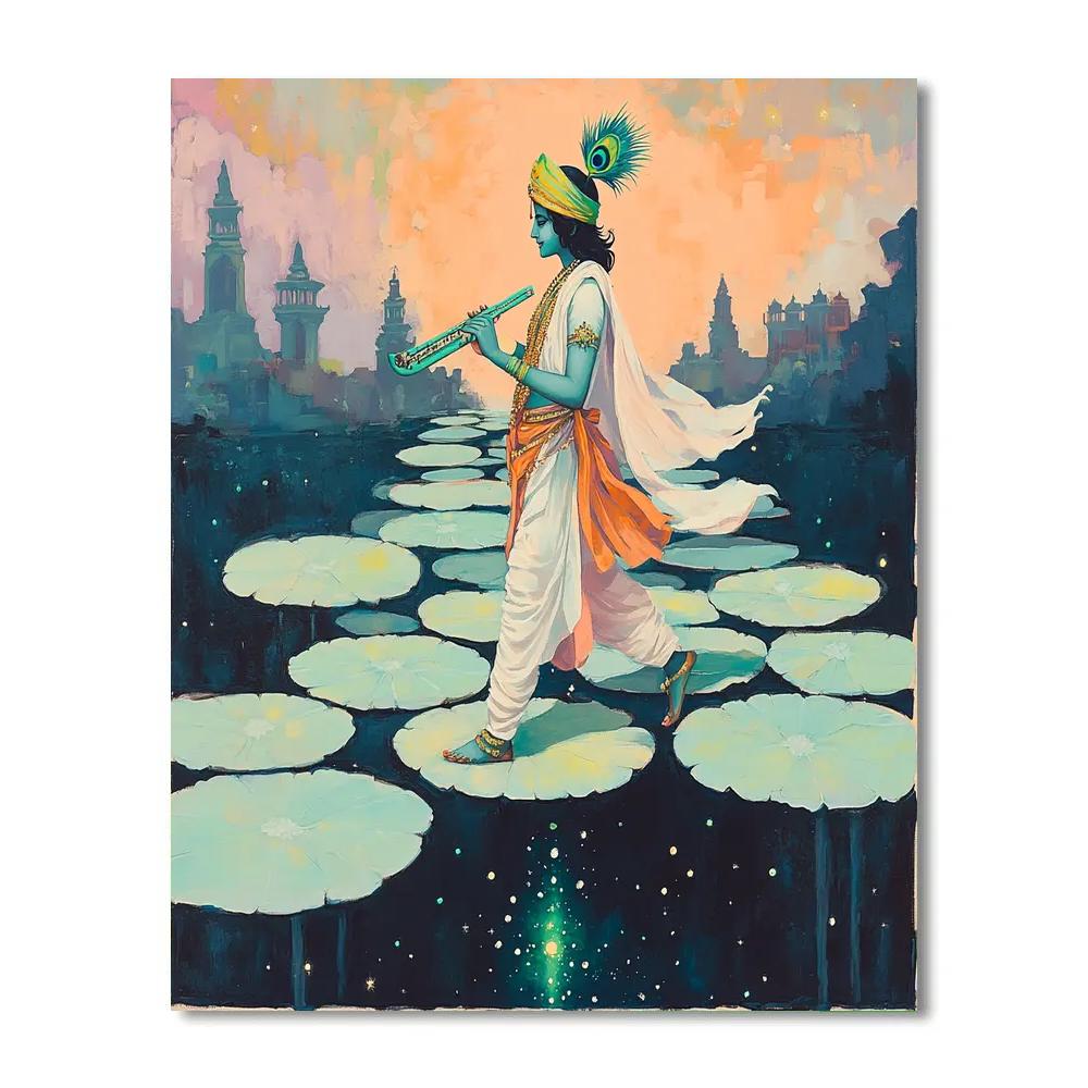 Krishna And The Lotus Bridge Over Starlight paint by number
