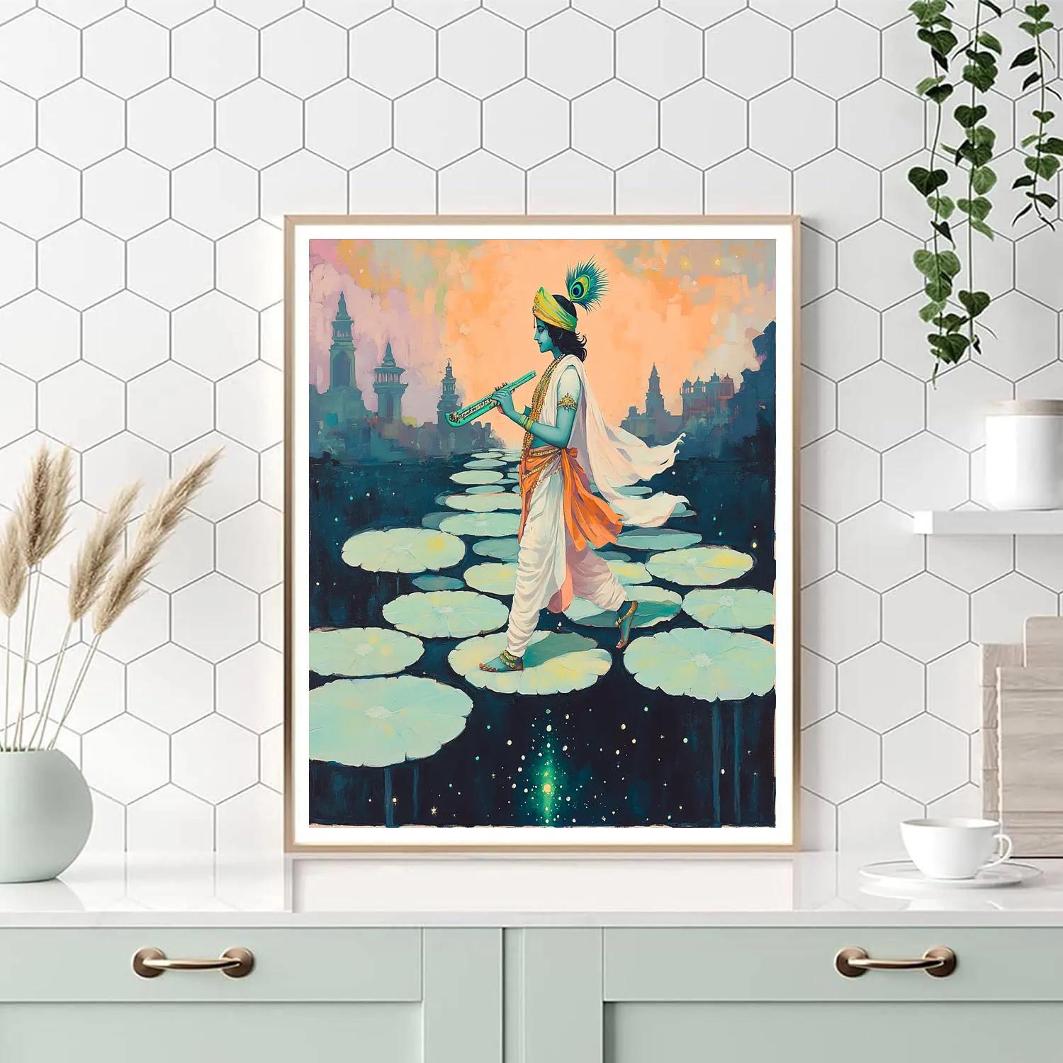 Krishna And The Lotus Bridge Over Starlight paint by number