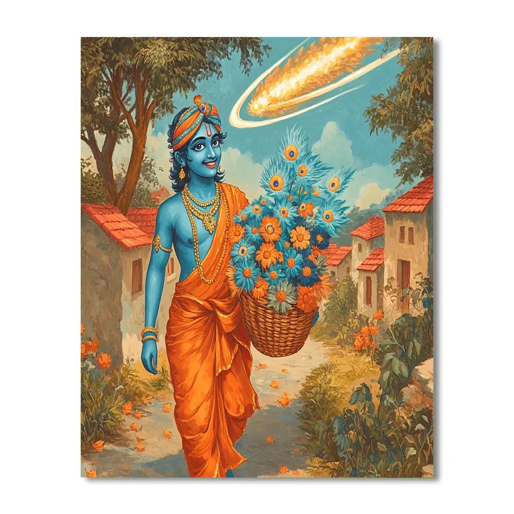 Krishna Delivering Comet Flowers To The Village Numbered painting kits