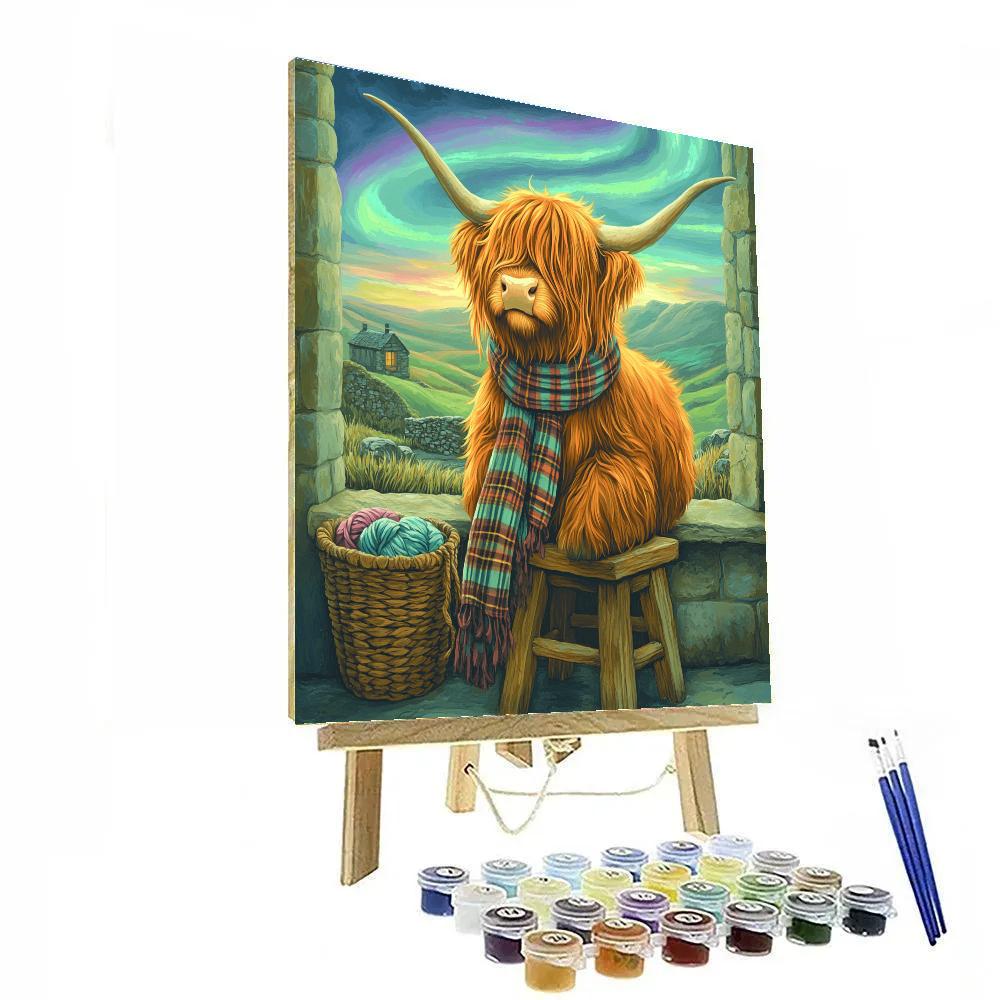 Highland Cow Aurora Knitting Circle paint by color